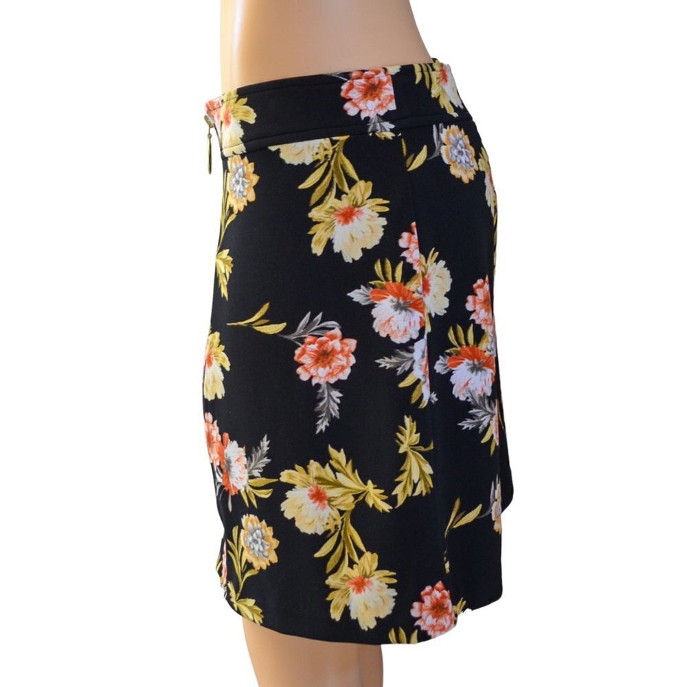 INC Women Zip-Front Mini Skirt Yellow Peach White Floral Pattern on Black Size L - Picture 5 of 9